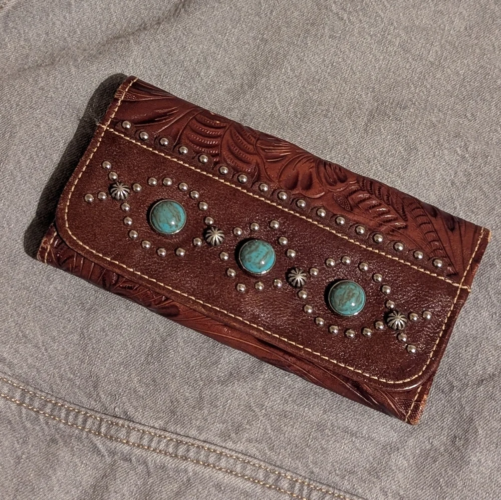 American West Brown Leather Shoulder Bag with Turquoise Accents - Picture 8 of 14